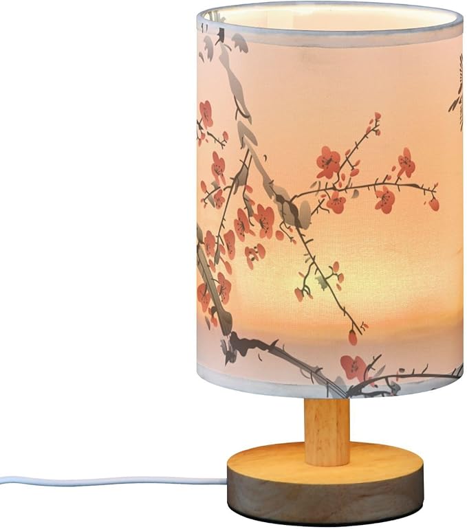Bedside Table Lamp Japanese Cherry Blossom Nightstand Lamp with Wood Wintersweet Bird Vinter Floral Desk Lamps for Bedroom Living Room Nursery Office Home Decor