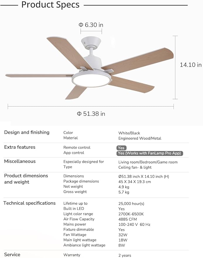 Orison Ceiling Fans with Lights, 52 inch Low Profile Ceiling Fan with RGB Backlight, Flush Mount Ceiling Fan with Remote and App Control,White Bedroom Fan, 6 Speeds, 3 Reversible Blades (White RGB)