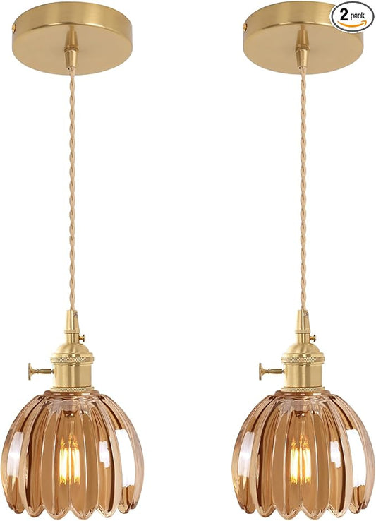 Mini Pendant Light 2 Pack with Amber Tulip Glass Lmapshade, Brass Vintage Pendant Light Adjustable Hanging Light for Kitchen Island Dining Room Hallway