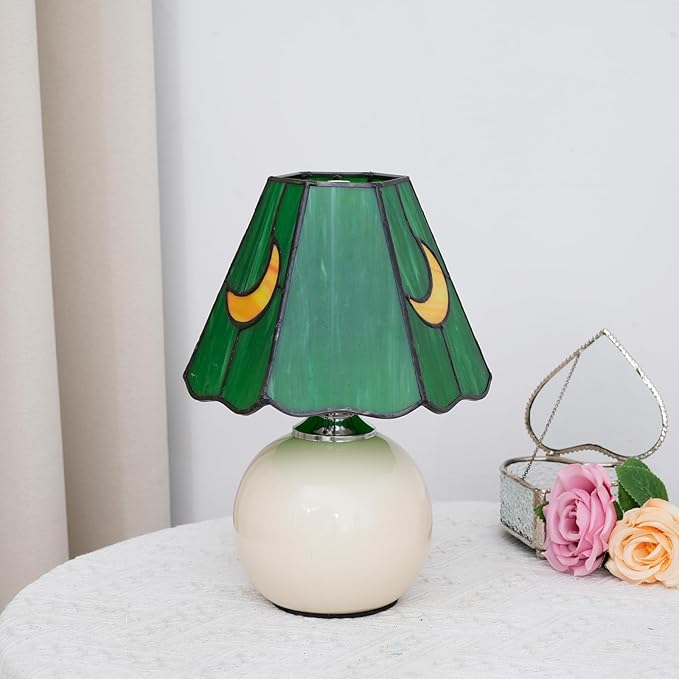 Mushroom Lamp Tiffany Lamp Stained Glass Table Lamp Moon Cute Small Bedside Lamps for Living Room Home Decor,Unique Aesthetic Home Living Room Decor Girls Women Birthday Day Gift,(Green)