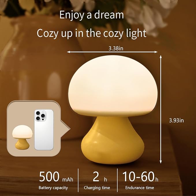 Vivilumens Mushroom Night Light for Kids 3 Level Dimmable Touch Control, Auto-Off Timer, Baby Safe BPA-Free Silicone, Portable Cordless Night Lamp Birthday Gifts for Nursery Bedroom Decor Travel