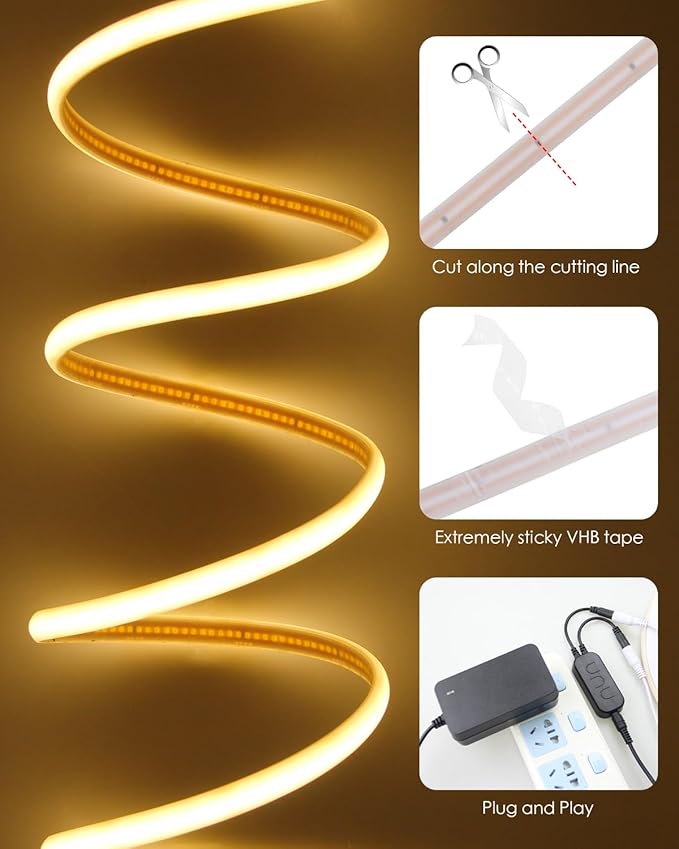 Aclorol 24V COB LED Strip Light 3000K Dimmable Outdoor LED Strip Lights Waterproof 65.6FT with Self Adhesive Even Light for Living Room Kitchen Closet Shelf Home & Outdoor Lighting (2 Rolls of 32.8FT)