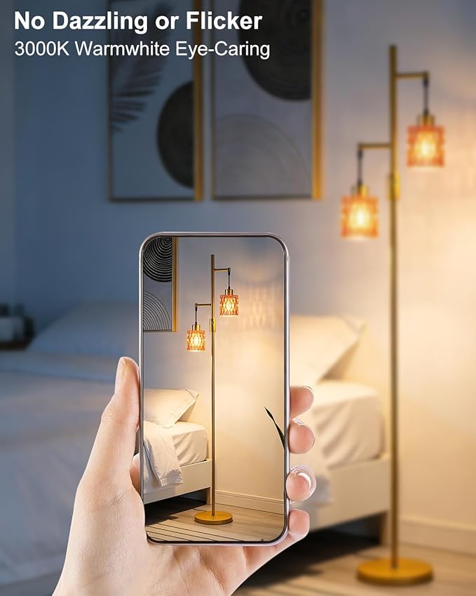 2-Light Gold Floor Lamp, 65IN Tall Standing Lamps Dimmable with Rose Red Glass Lampshade, 3000K Warmwhite Mid Century Modern Floor Lamp for Living Room/Bedroom