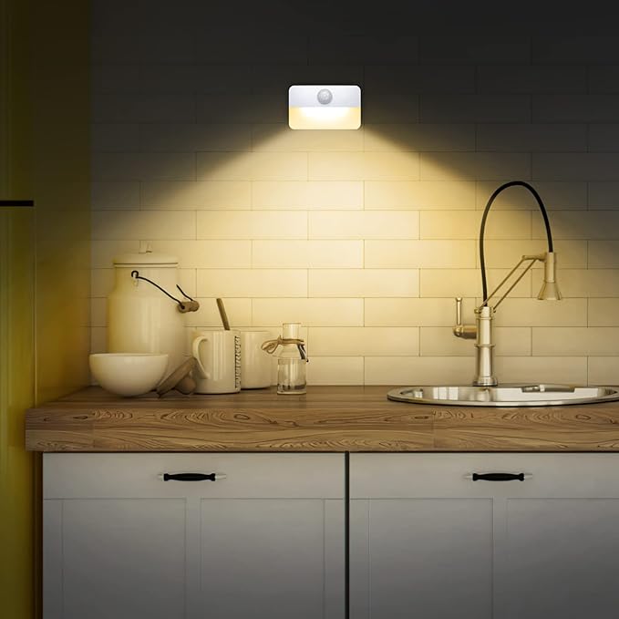 12 Pack Motion Sensor Night Light, Stick-On Motion Sensor Lights Indoor, Battery Powered Under Cabinet Kitchen Lights with Adhesive Pads, Auto/On/Off for Cupboard Wardrobe Stair Kitchen- Warm White