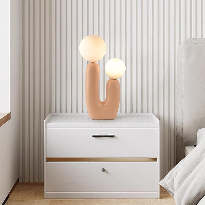Nordic Pink Cactus Table Lamp - Creative Resin Aesthetic Milk White Globe Glass 2 Lights for Bedroom, Living Room, Children's Room, Home Decor