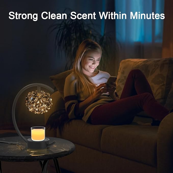 Candle Warmer Lamp for Jar Candles with Adjustable Brightness＆Timer，Handcrafted Crystal Candle Lamp Luxurious Design+2Bulbs,Home Decoration Electric Candle Lamp(Black C-Shaped)
