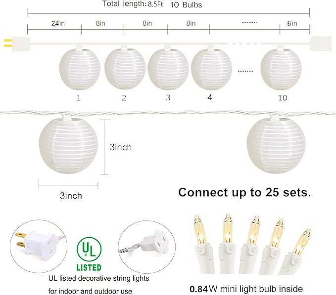 SUNSGNE 8.5Ft Cute White Lantern String Lights, 10 Mini LED Oriental Style White Lanterns Plug in Home & Garden Decorative Lights for Indoor Outdoor Patio Party Wedding Bedroom Bistro Bar