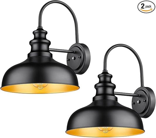 Bestshared Dusk to Dawn Outdoor Barn Light Anti-Rust Outdoor Wall Sconce Farmhouse Exterior Lighting Fixture Wall Lantern Lamp for Porch,Garage(Black+Gold, 2 Pack)