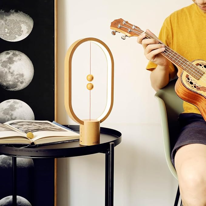 Heng Soft-Glow Balance Desk Lamp for Nightstand Or Bed - Modern Table Mood Lighting with Dimmer Switch - Cute Decorative Gift for Bedroom, Living Room, Office & Dorm (Wood)