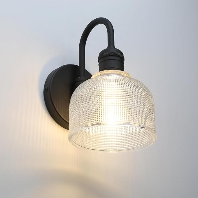 Yosoan Brass Boho Vintage Wall Sconce with Striped Shade, 1-Light Modern Vanity Light Industrial Single Wall Mounted Hardwired Bowl Texture Glass Shade for Living Room Bedroom Kitchen Hallway(Black)