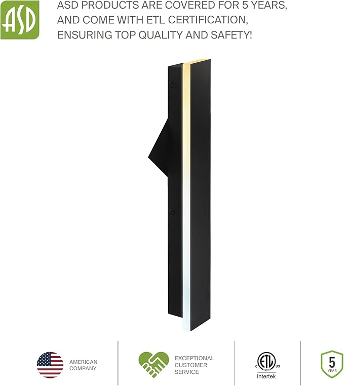 ASD LED 24" Long Wall Mount Light Fixture, Outdoor & Indoor Linear Sconce | 3CCT, Dimmable, Waterproof, Anti-Rust, ETL Listed | 24W 1500LM 3000-5000K 100-277V | Exterior Porch Lighting | Black, 2 Pack