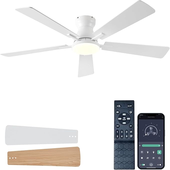 Ceiling Fans with Lights, 52Inch Low Profile Ceiling Fan with Light and Remote/App Control, Modern Flush Mount White Ceiling Fan, 3CCT Dimmable, Reversible DC Motor, for Living Room,Bedroom