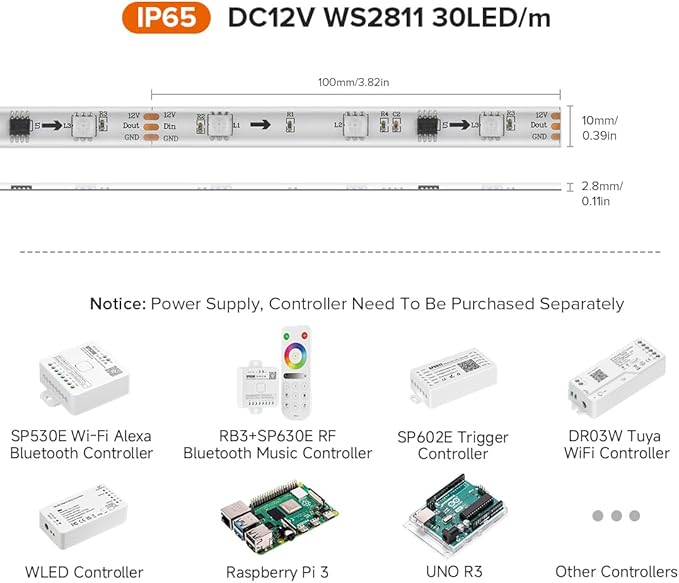 BTF-LIGHTING WS2811 IC=RGB+IC Addressable Dream Color LED Strip 16.4FT 30LEDs/m 10Pixels/m IP65 Splash Proof White PCB Flexible DC12V Chasing Effect for Home Indoor Decor(No Adapter or Controller)