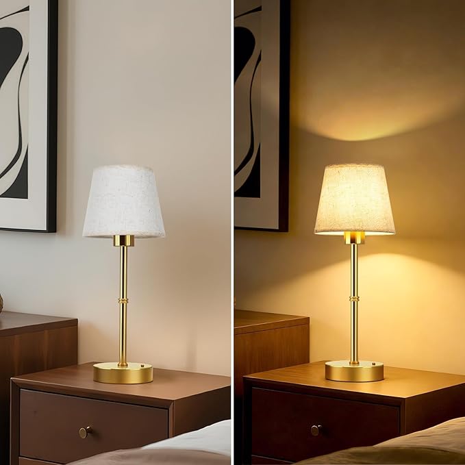 FRIDEKO HOME Rechargeable Table Lamp Gold - Cordless Battery Operated Lamp, Fabric Shade Desk Lamp, Wireless Lamp for Decor Bedroom Dining Table Counter (1pcs-Linen-Bulb Included-15.7in)