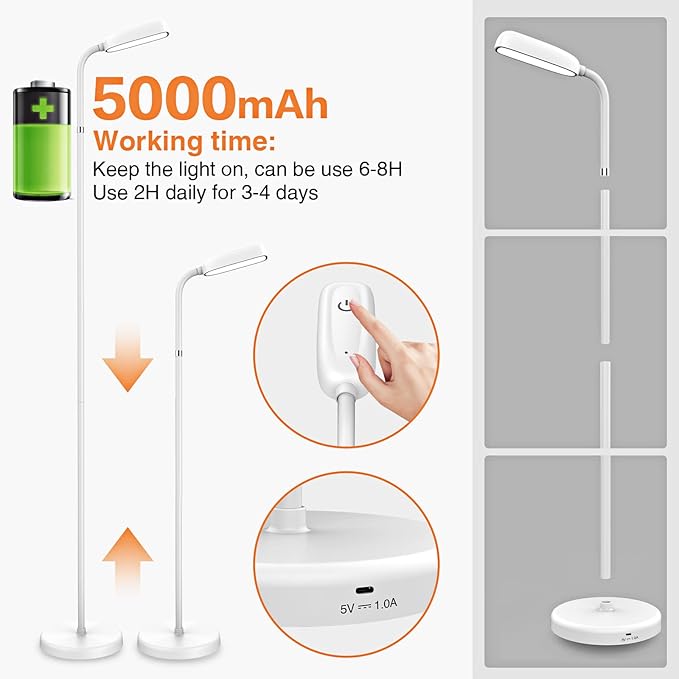 Cordless Floor Lamp, 5000mAh Rechargeable Battery Operated Floor Lamp, Adapter Included, Portable, Touch Control for Bedroom Reading Camping, Gooseneck, 3 Color Temperatures Emergency Lighting
