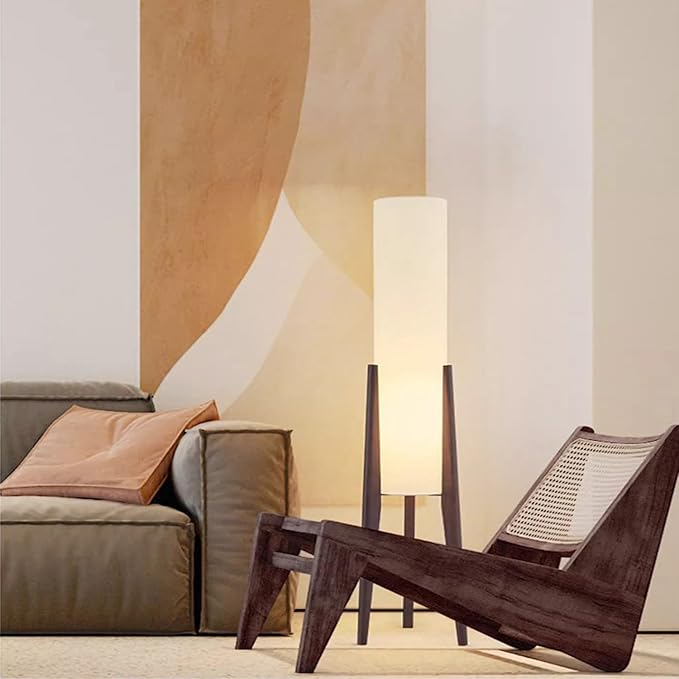 MIXL-Walnut Wood Finish Tripod Floor Lamp,Cylinder Shade Tall Standing Lamp,Rustic Living Room Floor Lamp,Vintage Style Standing Light for Bedroom Office