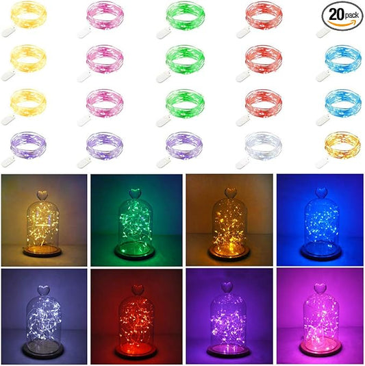 20 Pack Fairy Lights Battery Operated, 20 LED String Lights Mason Jar Lights, Waterproof Copper Wire Mini Lights String Firefly Light for Wedding, Table, Party, Christmas Decor (8 Colors)
