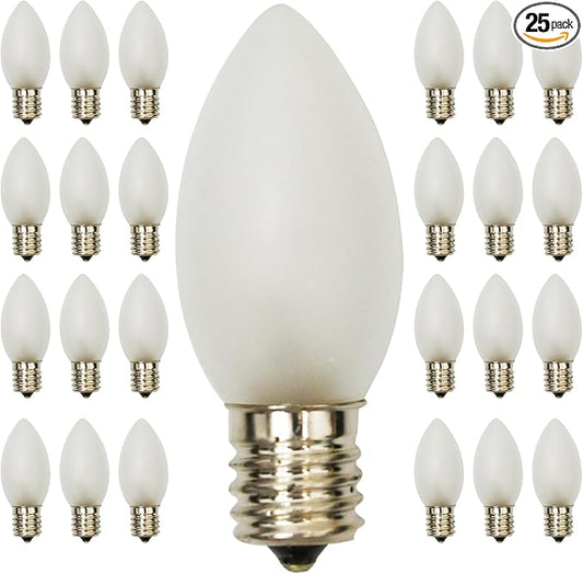 C9 Christmas Replacement Light Bulbs, White Christmas Bulb Frosted White Night Light for Indoor Outdoor Patio Xmas Halloween Party String Light, 7W Incandescent, C9/E17 Intermediate Base, 25 Pack