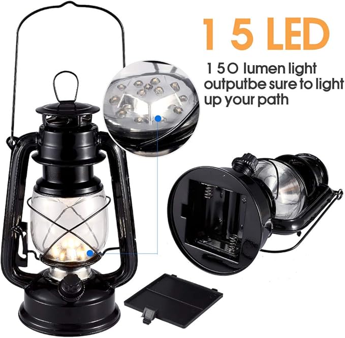Vintage LED Hurricane Lantern, Warm White Battery Operated, Antique Metal Hanging With Dimmer Switch, 15 LEDs, 150 Lumen for Indoor or Outdoor Usage (Black)