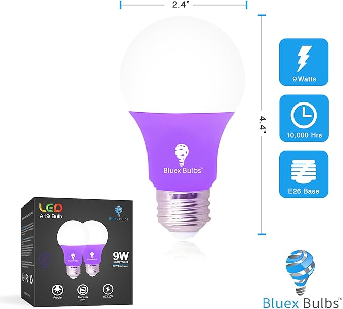 BlueX Bulbs 2 Pack LED A19 Purple Light Bulb - 9W (60Watt Equivalent) - E26 Base LED Bulb, Party Decoration, Porch, Home Lighting, Holiday Lighting, Non-Dimmable.