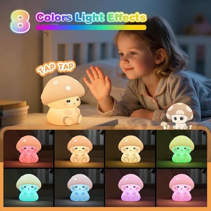 Mushroom Night Light Lamp, Soft Squishy Silicone Nursery Light with 2 Brightness Level, Touch Dimmable Baby Nightlight, Rechargeable Kid Lamp Kawaii Mushroom Gifts for Kids Baby Girls Women (Yellow)