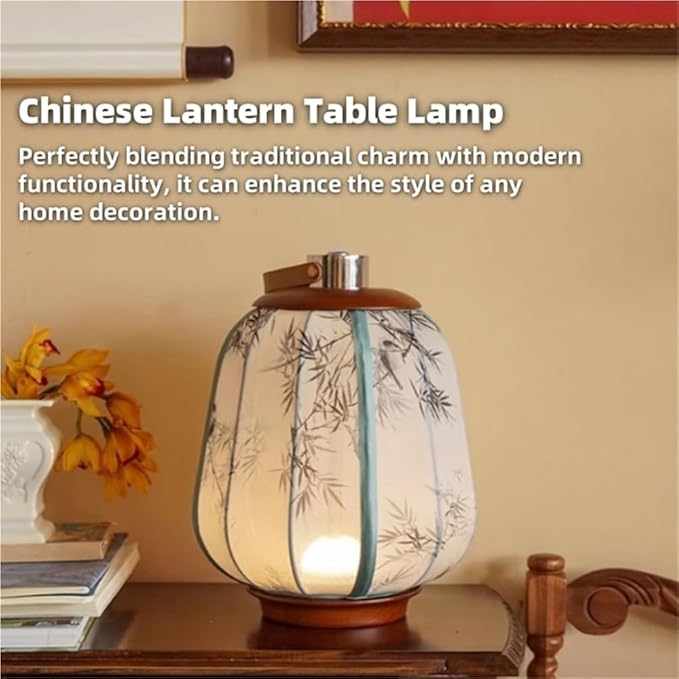 Simple Rechargeable Lantern Table Lamp with Touch Switch, Retro Chinese Small Night Light with Portable Handle, Elegant Decorative Fabric Nightstand Lamp for Bedroom Living Room(Red)