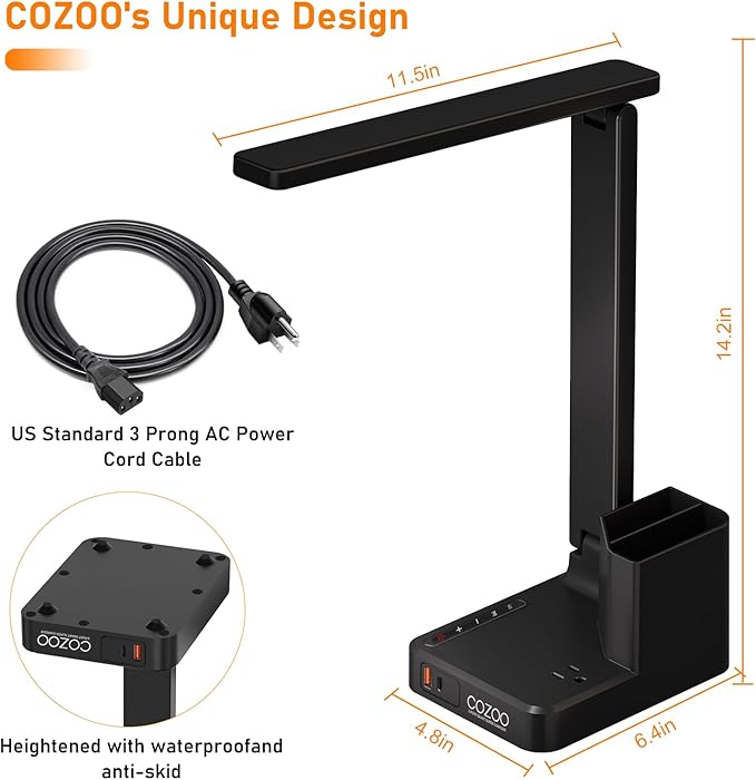 cozoo LED Desk Lamps for Home Office, Modern Dimmable Eye Caring Desk Light with USB Charging Ports AC Outlet, Pen Holder,Touch/Memory/Timer, Kids Small Table Lamp for Reading, Bedroom, Study, Craft