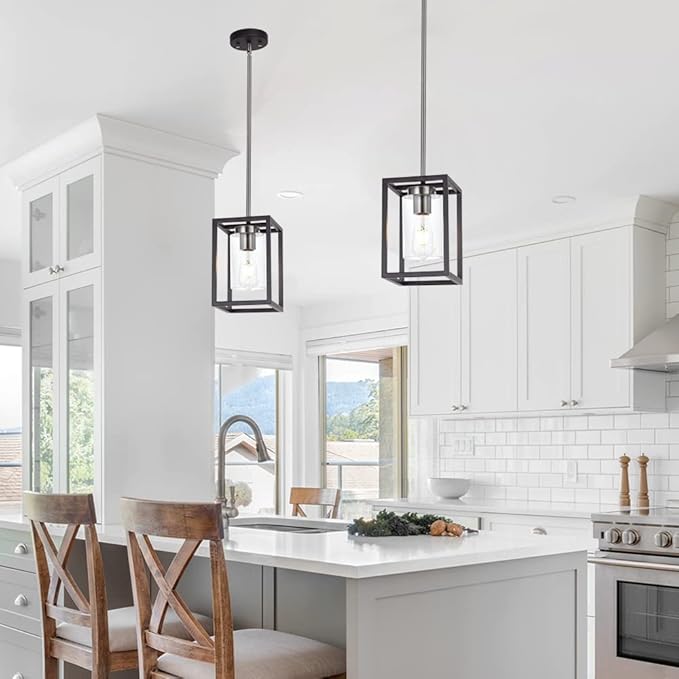 VINLUZ Single 1 Light Black and Brushed Nickel Modern Glass Pendant Light Industrial Modern Metal Chandelier with Clear Glass Shade for Dining Room Kitchen Island Foyer Cafe