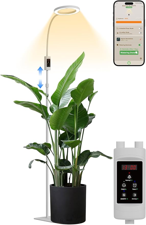 GLOWRIUM Smart Grow Lights for Indoor Plants, 24W Full Spectrum Plant Lights with Bluetooth App, Adjustable Height 47-70.9", Auto Timer, Indoor Plant Lamp for Large Tall Plants（White 24W）