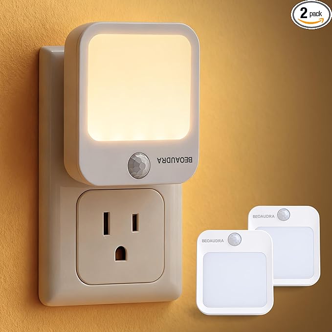 Plug-in Motion Sensor Lights with Adjustable Brightness, Warm White Motion Activated Led Night Light for Bedroom, Bathroom, Stairs, Hallway, Living Room, 2 Pack