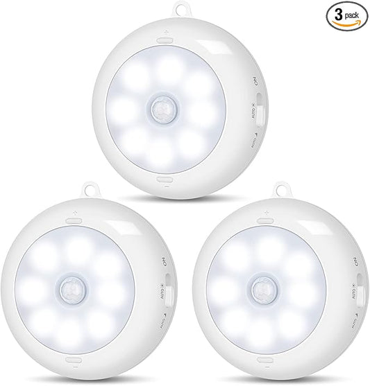 Motion Sensor Light Indoor, LED Night Light Closet Lights, Under Cabinet Lights, AA Battery Operated Stick on Wireless Puck Lights for Wall, Step, Stair, Dimmable (3 Pack)