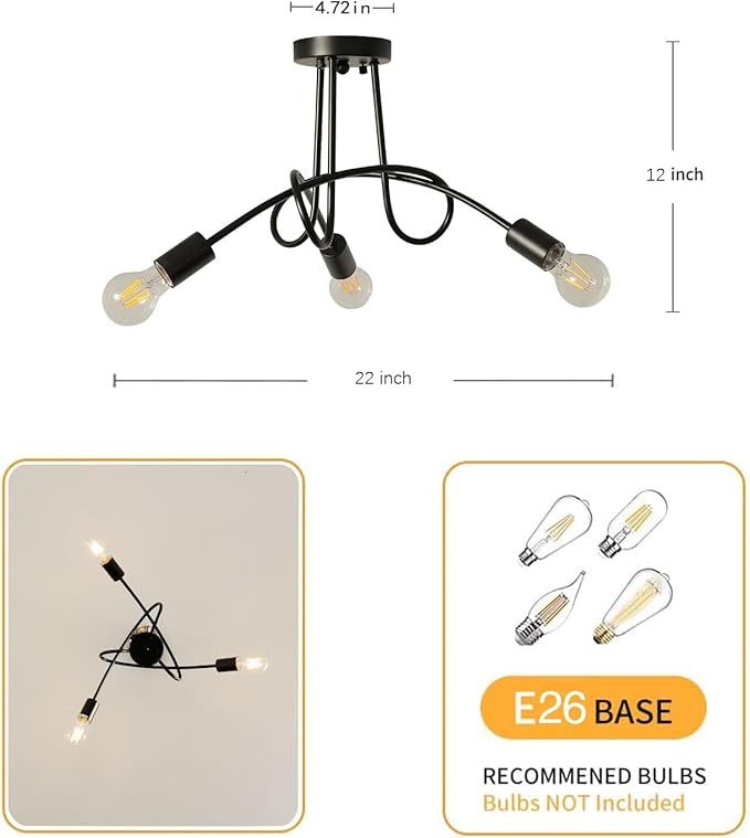 Modern Farmhouse Chandelier,22 Inch Black Metal Spiral Rustic Vintage Semi Flush Mounted Ceiling Light Fixture for Dining Room Bedroom Kitchen Island Hallway Foyer Entryway(3-Light)