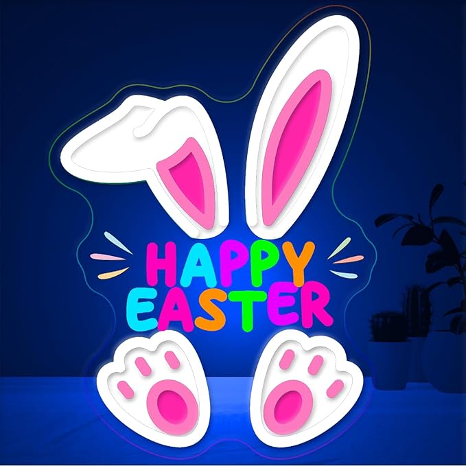 Happy Easter Neon Sign, LED Light Up Cartoon Bunny Decorations for Kids Bedroom, Nursery Room, Classroom, Home, Acrylic Wall Mounted Lighted Rabbit Decor, Easter Gifts for Boys and Girls, 14 x 10 Inches, USB Powered