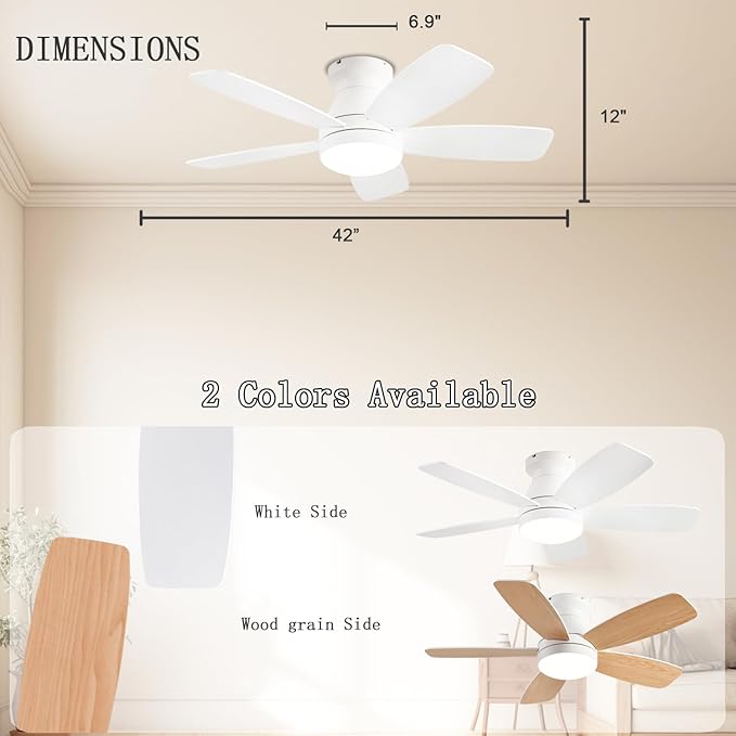 Ceiling Fans with Lights, 42 Inch Low Profile Ceiling Fan with Light and Remote/App Control, Flush Mount, Reversible, 3CCT, Dimmable, Noiseless, White Ceiling Fan for Indoor/Outdoor Use