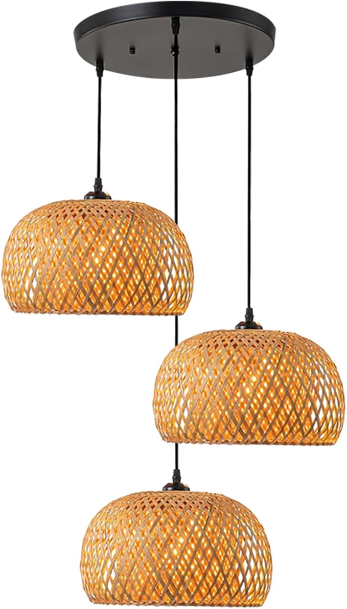 Rattan Chandelier Lighting 3-Light Wicker Pendant Light Bohemia Hand Woven Bamboo Shades Vintage Mid Century Pendant Lights for Kitchen Island Farmhouse Dining Table