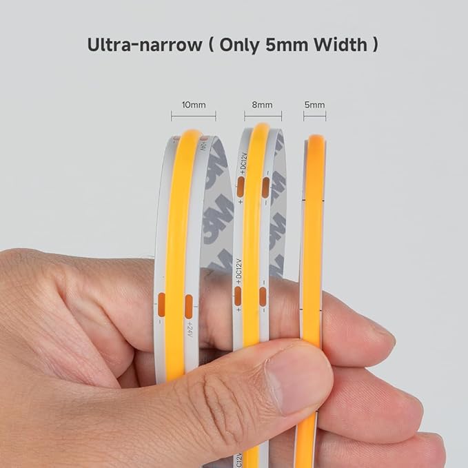 BTF-LIGHTING FCOB COB 5mm Width UL Listed Super Narrow Flexible Uniform Light LED Strip 16.4FT DC24V 3000K CRI 90+ Dimmable LED Ribbon for Kitchen Home Indoor Decoration(No Adapter or Controller)