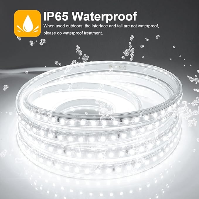 Super Bright Outdoor LED Strip Lights, AC 110V 6500K Flexible LED Rope Lights Waterproof 600 LEDs 16.4ft LED Light Strip White for Garden Patio Cabinet Bedroom Indoor Outdoor Decor(16.4FT, White)