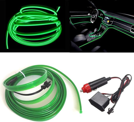 MaxLax Green LED Neon Car Interior Lighting Strip - 3 Meter Flexible 12V EL Wire with Built-in Fuse Protection for Automotive Interior Customization, Featuring 6mm Sewing Trim for Easy Installation.
