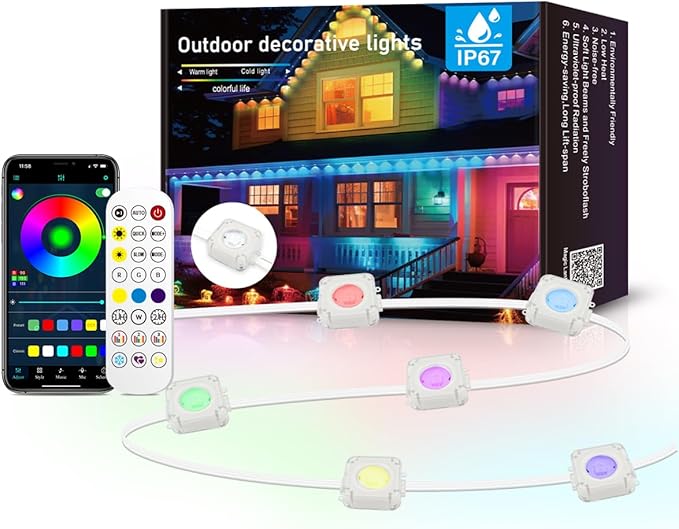 Permanent Outdoor Lights,Smart RGBIC Outdoor String Lights with 75 Scene Modes,LED Eaves Light,IP67 Waterproof,All Holiday,Party,Halloween,Christmas Decoration,with App and Remote (100FT)