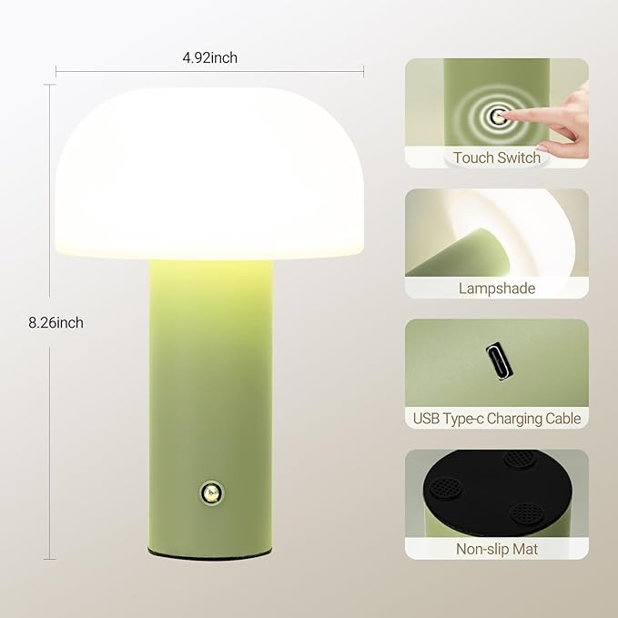 Cordless Mushroom Table Lamp Rechargeable,4000mAH Portable Battery Operated Lamp,3 Color Stepless Dimming Modern Lamps for Bedside Lamps,Touch Dimming Night Light for Home/Restaurant Green