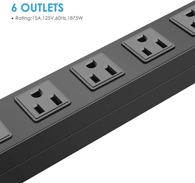 2Pack Metal Wall Mount Power Strip, Mountable Power Outlet with 6 AC Outlets, Aluminum Alloy Mount Power Socket with Switch, 15 FT SJT 3/C 14AWG Power Cord, 15A 125V 1875W (6AC)