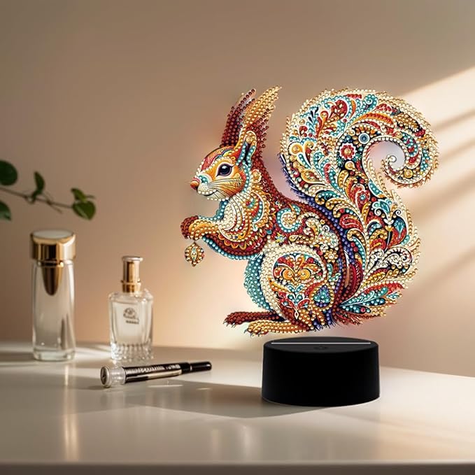 Gorgeous Squirrel Diamond Art Painting Night Light,Diamond Art Painting Kits Desktop Touch Lamp Ornaments for Tabletop Decor Diamond Art Accessories for Adult Beginner Bedrooms Living Room