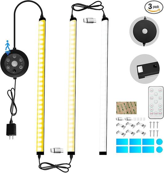 Black Plug in Under Cabinet Light bar with Motion Sensor, Dimmable, Remote Control,Color and Brightness Adjustable, Magnet LED Strip Lights for Kitchen, Workbench, and Closet 3 Pack