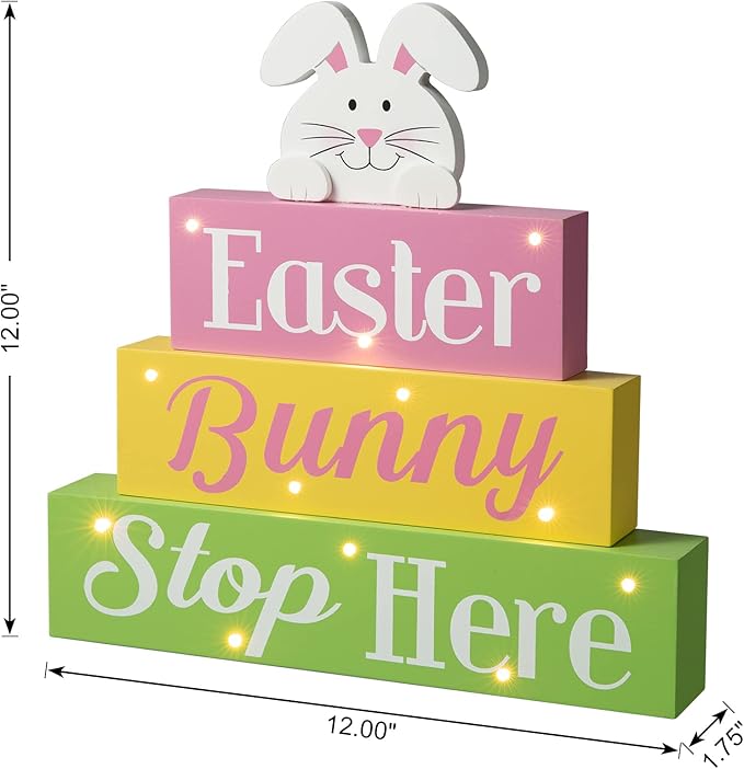 Glitzhome LED Lighted Wooden Easter Block Table Sign Easter Bunny Table Decor with Saying for Spring Easter Party Supplies Props