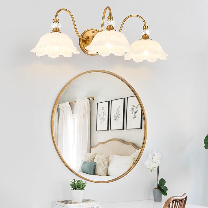 Vintage Bathroom Vanity Light, 3-Light Matte Brass Finish Vanity Light with Floral White Glass Shades, Retro Wall Sconce for Bathroom, Dressing Table