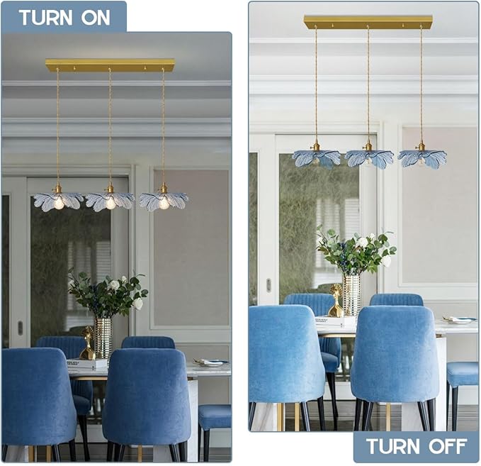 3 Light Pendant Lighting Blue Glass Pendant Light Brushed Brass Pendant Light fixtures Vintage Farmhouse Chandelier Hand Blown Hanging Light for Kitchen Dining Room Bedroom