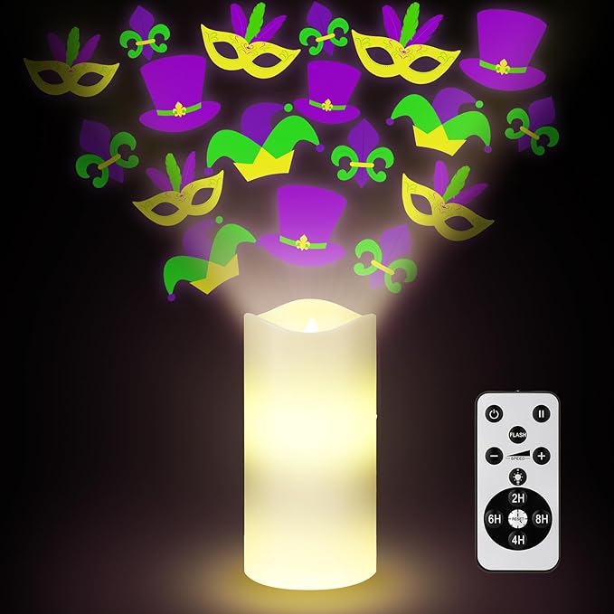 Baquler Mardi Gras Projector Light Decor Mardi Gras Flameless Candles Battery Operated LED Candle Table Decoration for Indoor Window Night Light with Remote Timer Carnival Party Home Prom Room Decor