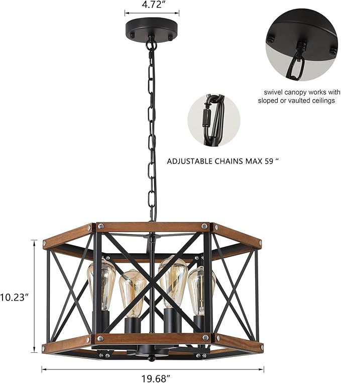 4-Light Large Rustic Farmhouse Wood Pendant Light Fixture with Adjustable Chain, 20 inch Oak Wood and Metal Cage Chandelier for Dining Room Kitchen Island Farmhouse Living Room Entry, Black