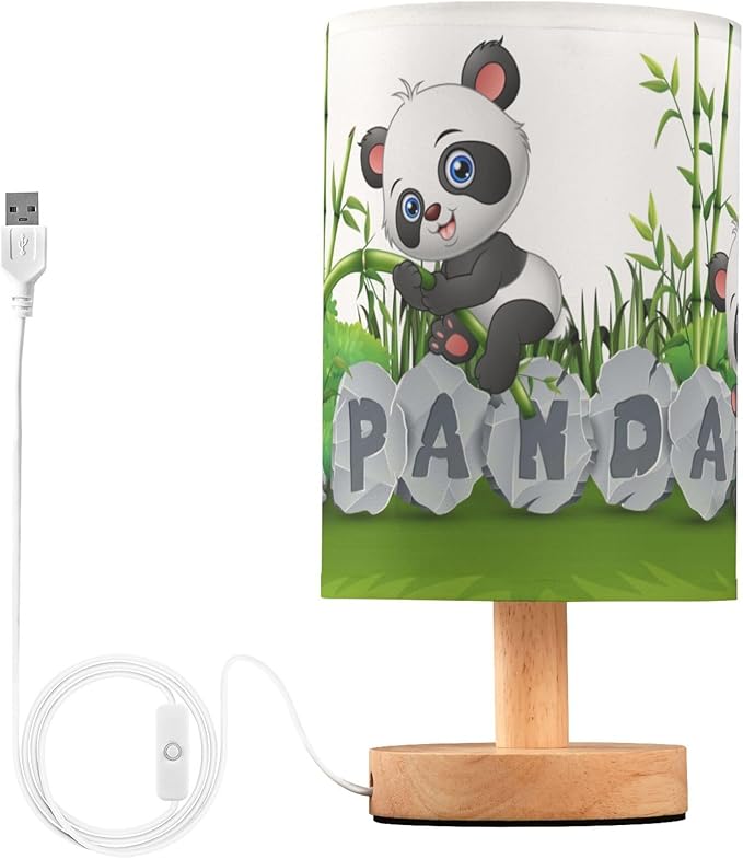 Table Lamp Cute Panda Baby in Bamboo Garden Nightstand Lamp with Wood Base Fabric Lamp Shade Bedside Desk Lamp for Living Room Bedroom Kids Room Office