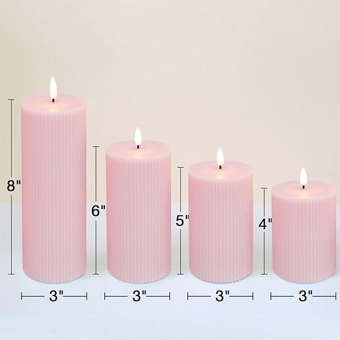 Pink Ribbed Flameless Pillar Candles with Remote, Flat Top Flickering LED Wax Battery Candles Set of 4, Φ 3" H 4" 5" 6" 8"